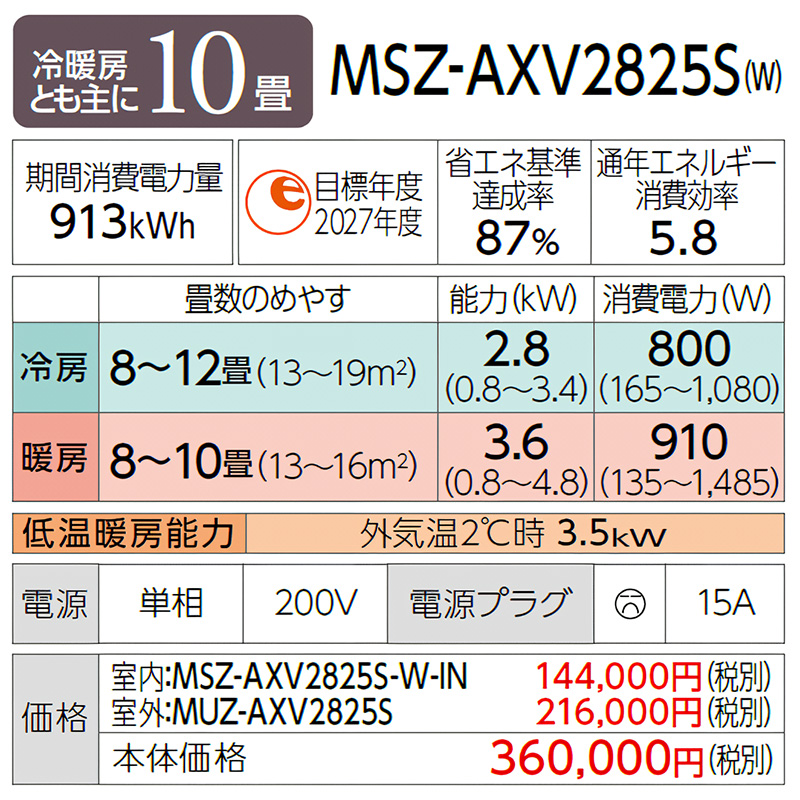 霧ヶ峰 エアコン 主に10畳 三菱電機 2025年モデル AXVシリーズ ピュア