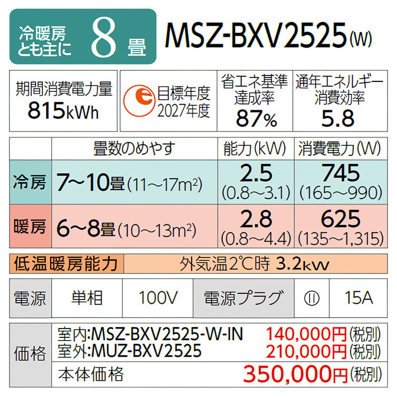 霧ヶ峰 標準取付工事費込 エアコン 主に8畳 三菱電機 2025年モデル BXV