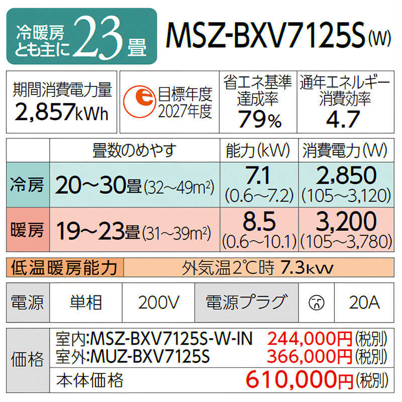 三菱エアコン7.1kw  2023年製  新品未使用　大阪市取付工事込み 霧ヶ峰 標準取付工事費込 エアコン同配 おもに10畳 三菱電機