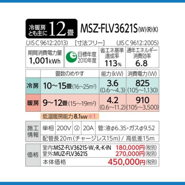 霧ヶ峰 MSZ-FLV3621S-R 三菱電機 ルームエアコン FLシリーズ おもに12