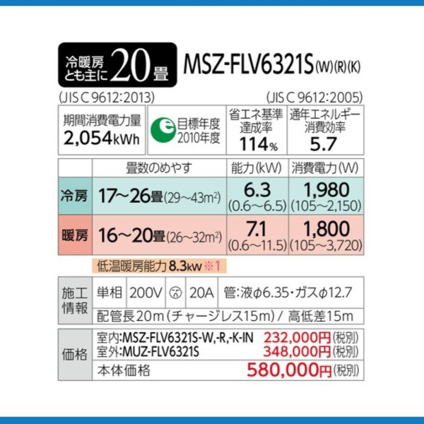 霧ヶ峰 MSZ-FLV6321S-R-SET 標準取付工事費込 三菱電機 ルームエアコン