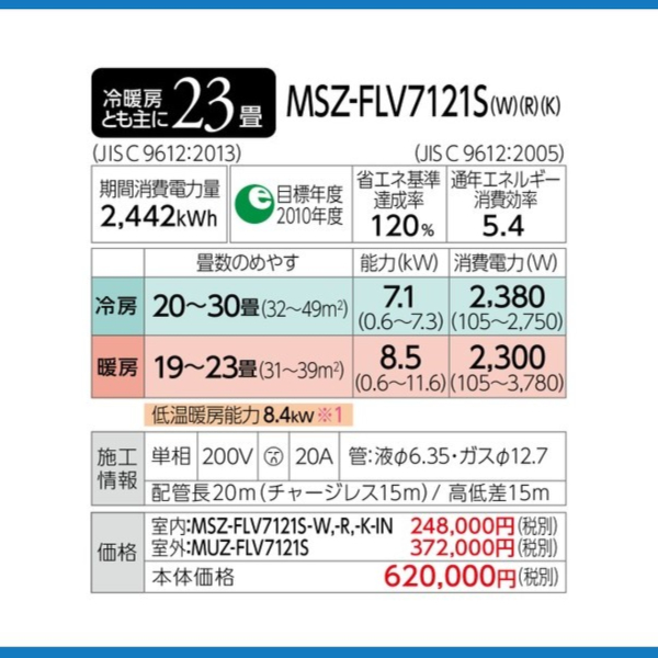 霧ヶ峰 MSZ-FLV7121S-R 三菱電機 ルームエアコン FLシリーズ おもに23