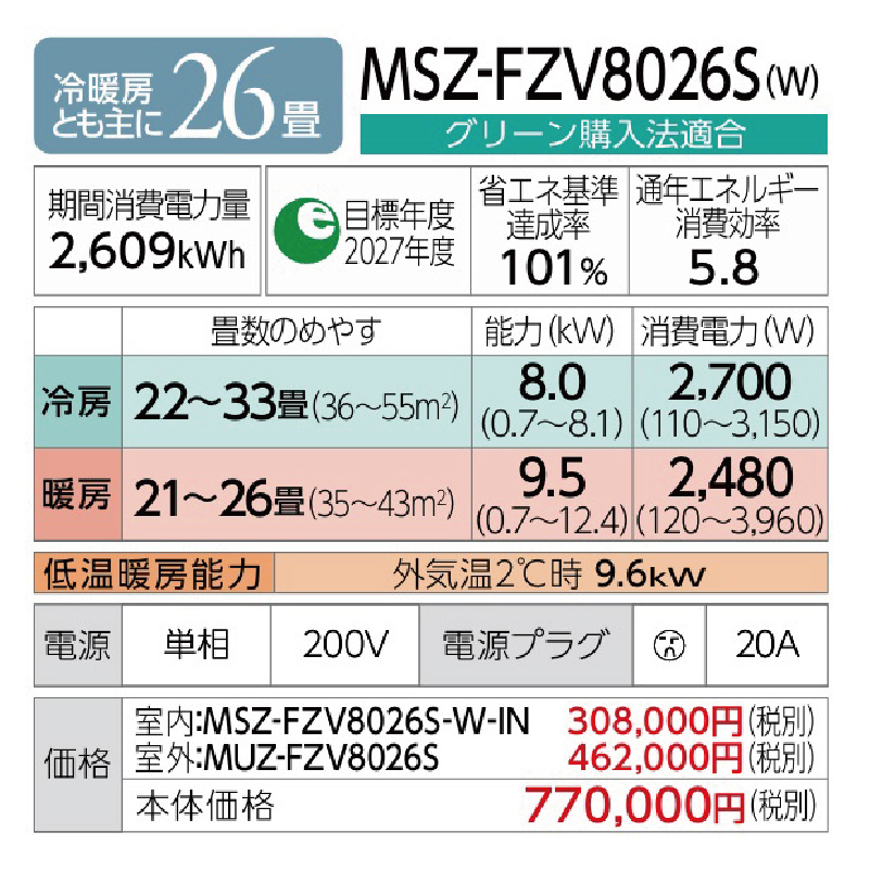 霧ヶ峰 標準取付工事費込 エアコン 26畳用 三菱電機 2026年モデル FZ