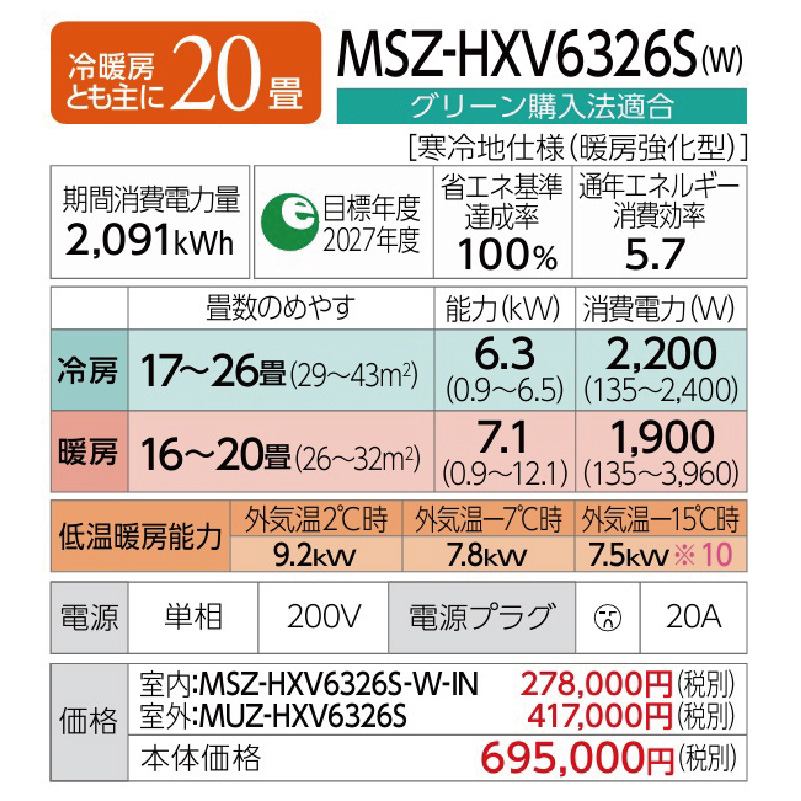 霧ヶ峰 東京 神奈川地域限定 標準取付工事費込 エアコン同配 20畳用