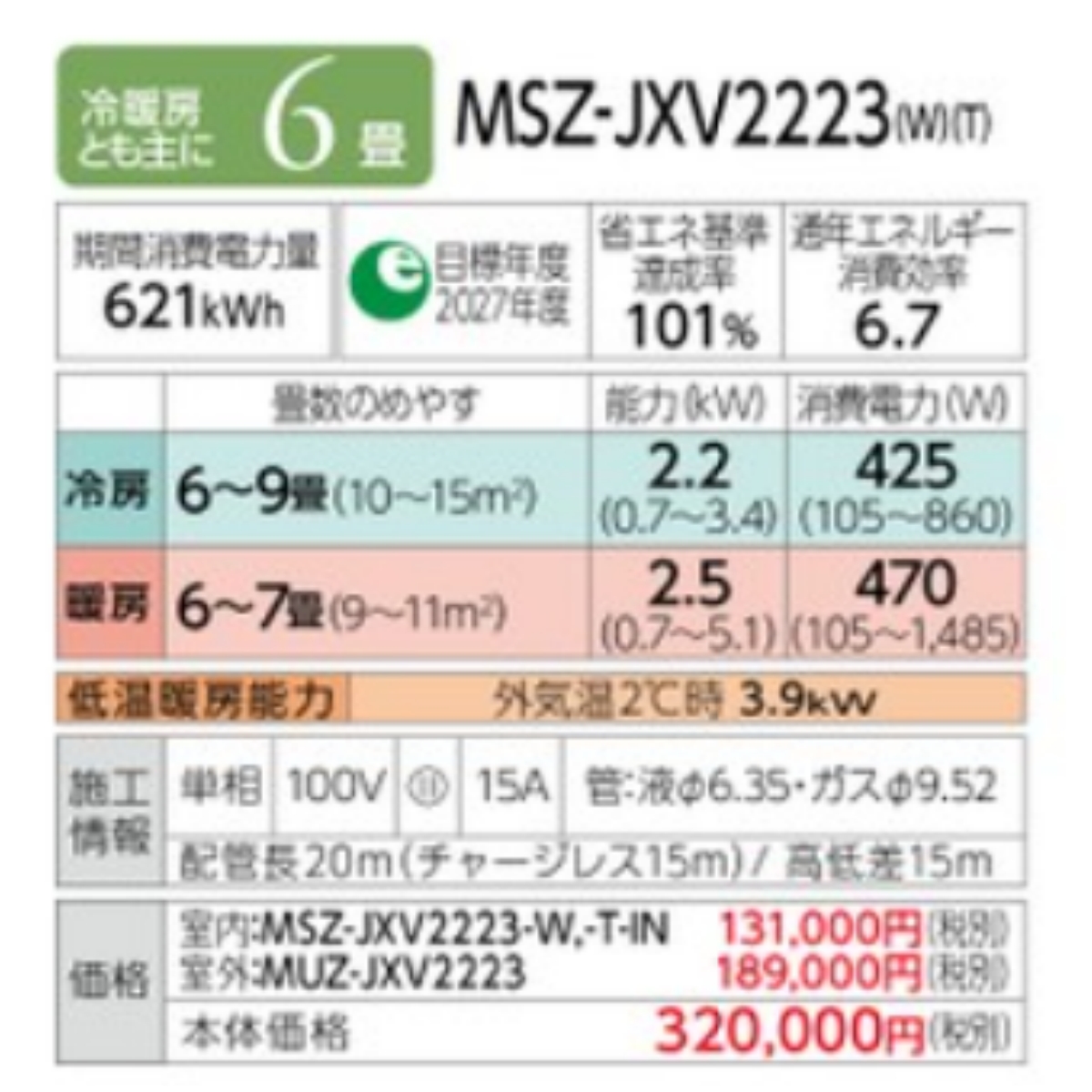 霧ヶ峰 MSZ-JXV2223-W 三菱電機 ルームエアコンJXVシリーズ 6畳