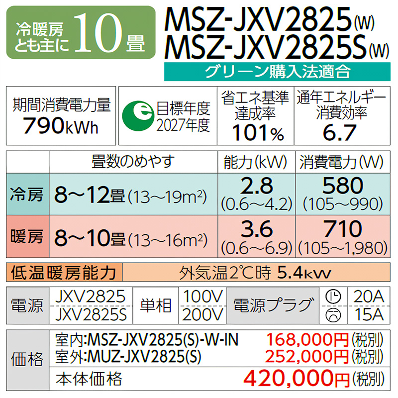 霧ヶ峰 エアコン 主に10畳 三菱電機 2025年モデル JXVシリーズ ピュア
