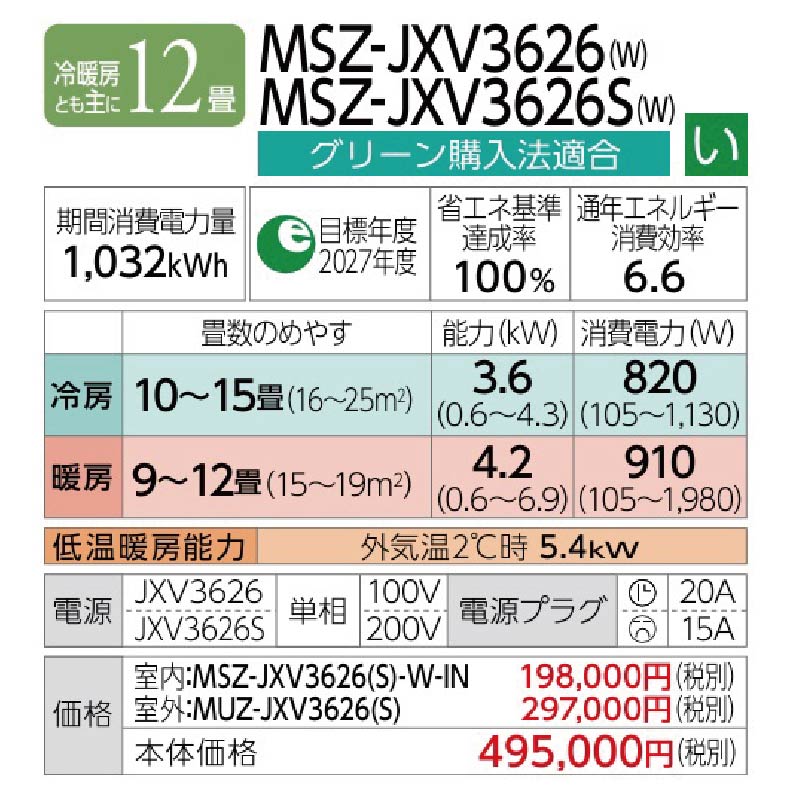 霧ヶ峰 エアコン 12畳用 三菱電機 2026年モデル JXVシリーズ ピュア