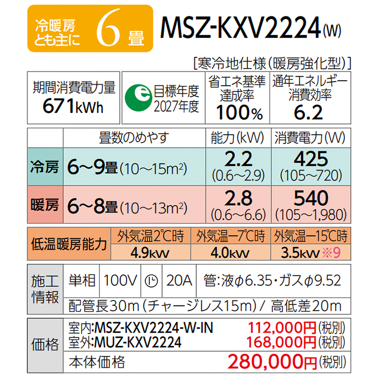 エアコン 主に6畳 三菱電機 ズバ暖霧ヶ峰 2024年モデル KXVシリーズ ホワイト ムーブアイ 単相100V MSZ-KXV2224-W