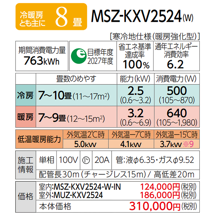 霧ヶ峰 エアコン おもに8畳 三菱電機 ズバ暖霧ヶ峰 2024年モデル KXV