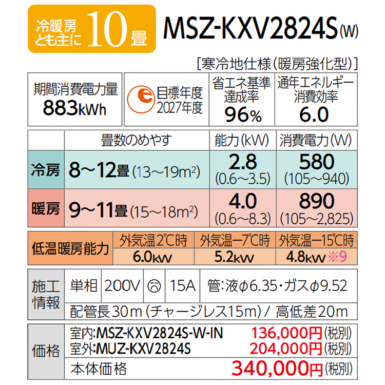 エアコン 主に10畳 三菱電機 ズバ暖霧ヶ峰 2024年モデル KXVシリーズ ホワイト ムーブアイ 単相200V MSZ-KXV2824S-W