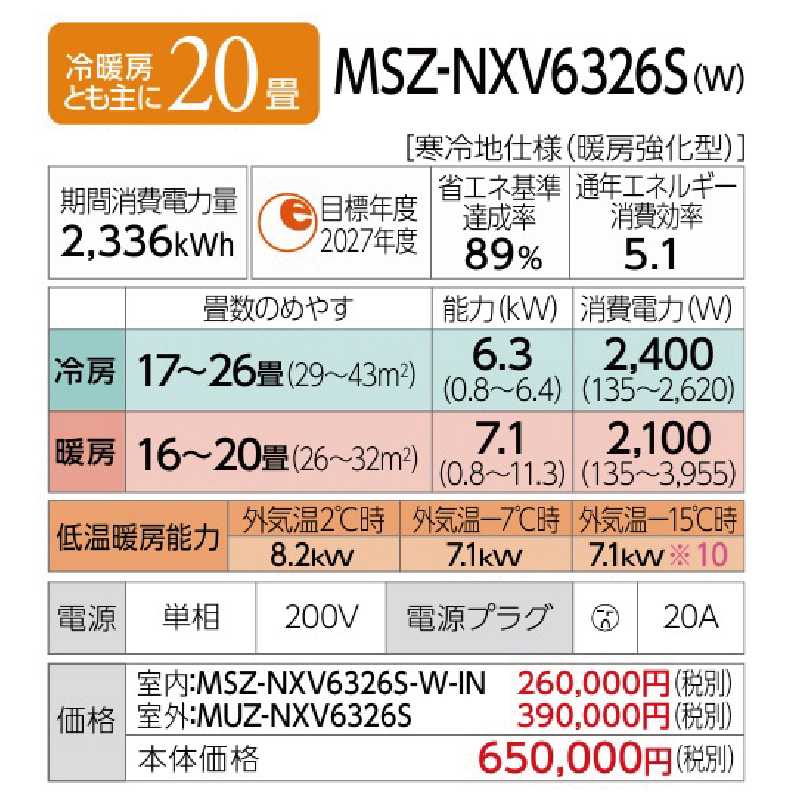 霧ヶ峰 エアコン 20畳用 三菱電機 2026年モデル NXVシリーズ ピュア