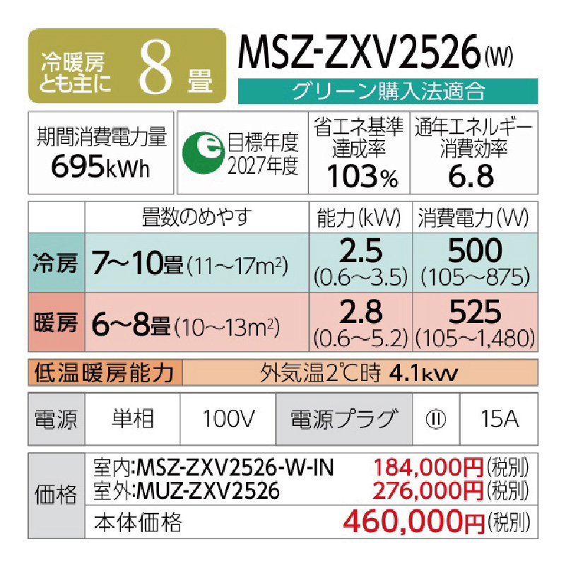 霧ヶ峰 エアコン 8畳用 三菱電機 2026年モデル Zシリーズ ピュア