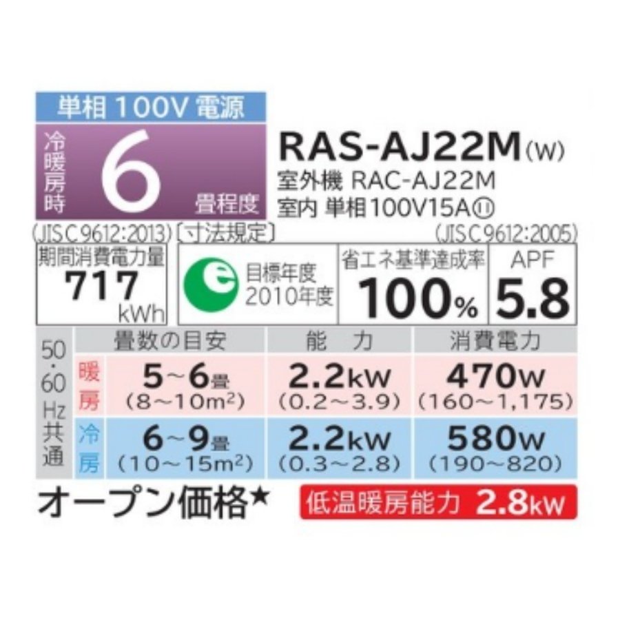 RAS-AJ22M-W-SET 標準取付工事費込 日立 主に6畳用 ホワイト エアコン