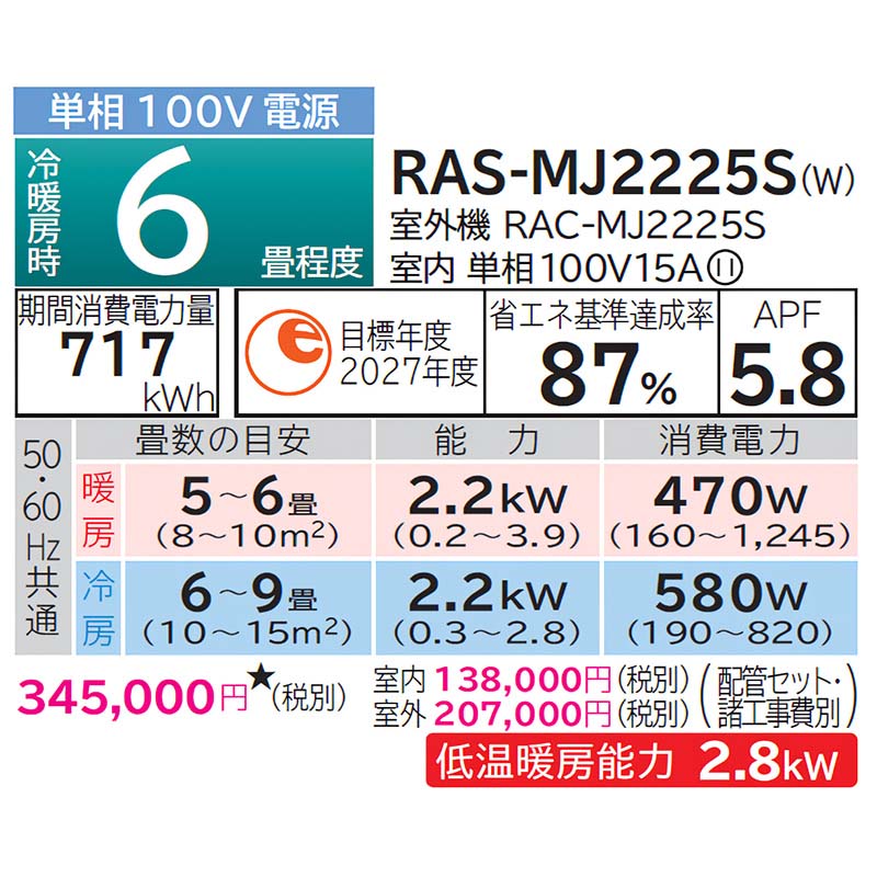 白くまくん エアコン おもに6畳 日立 MJシリーズ 薄型モデル