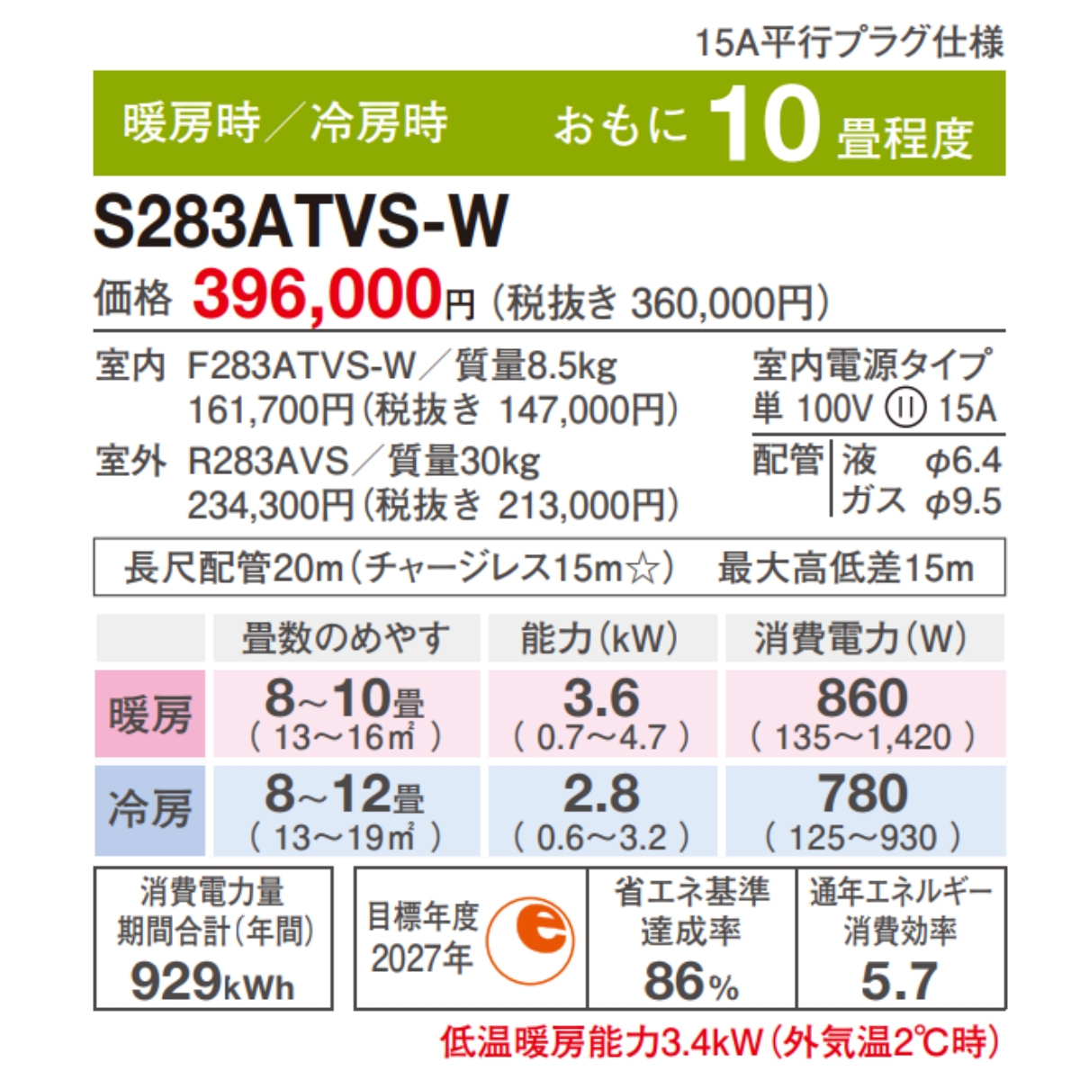 ダイキン（DAIKIN） S283ATVS-W-SET 標準取付工事費込 エアコン おもに