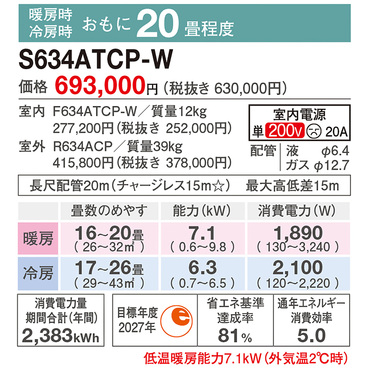 ストリーマ 標準取付工事費込 エアコン おもに20畳 ダイキン 2024年