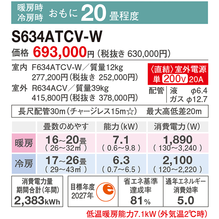 ストリーマ エアコン おもに20畳 室外電源タイプ 2024年モデルダイキン