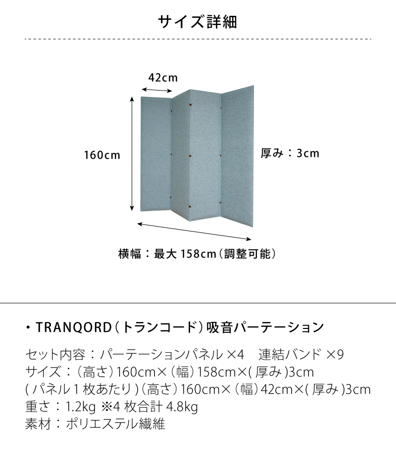 品質満点 TRANQORD 吸音パーテーション 厚み3cm 高さ160cm 4連タイプ