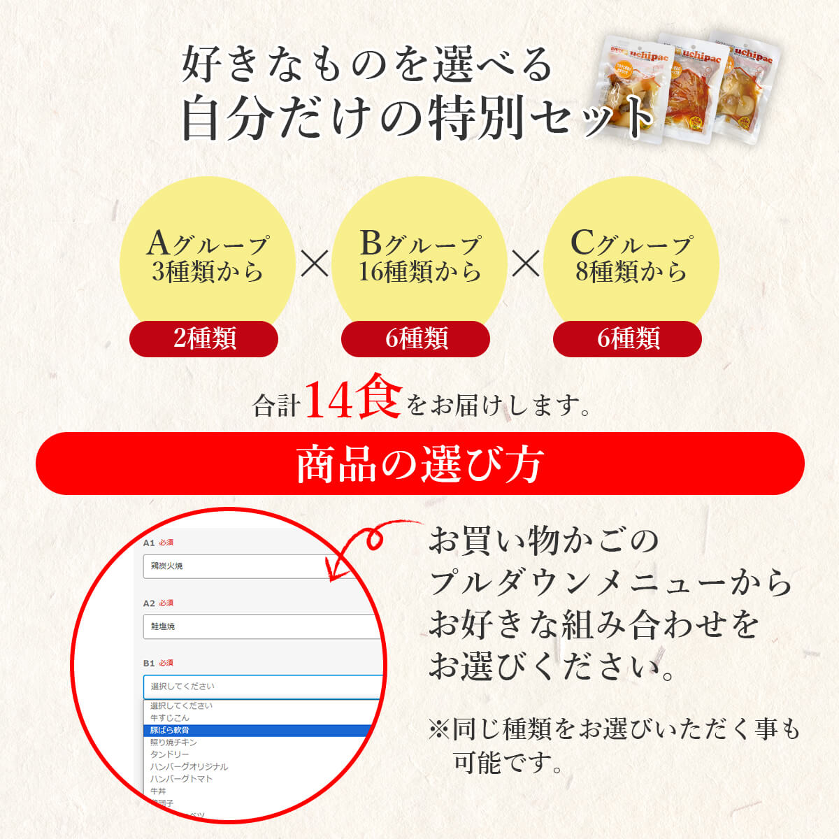 レトルト食品 惣菜 おかず uchipac ２７種から 選べる 14食 セット 内野家 常温 お惣菜 肉 魚 野菜 保存食 父の日 2024 内祝い ギフト｜e-monhiroba｜03