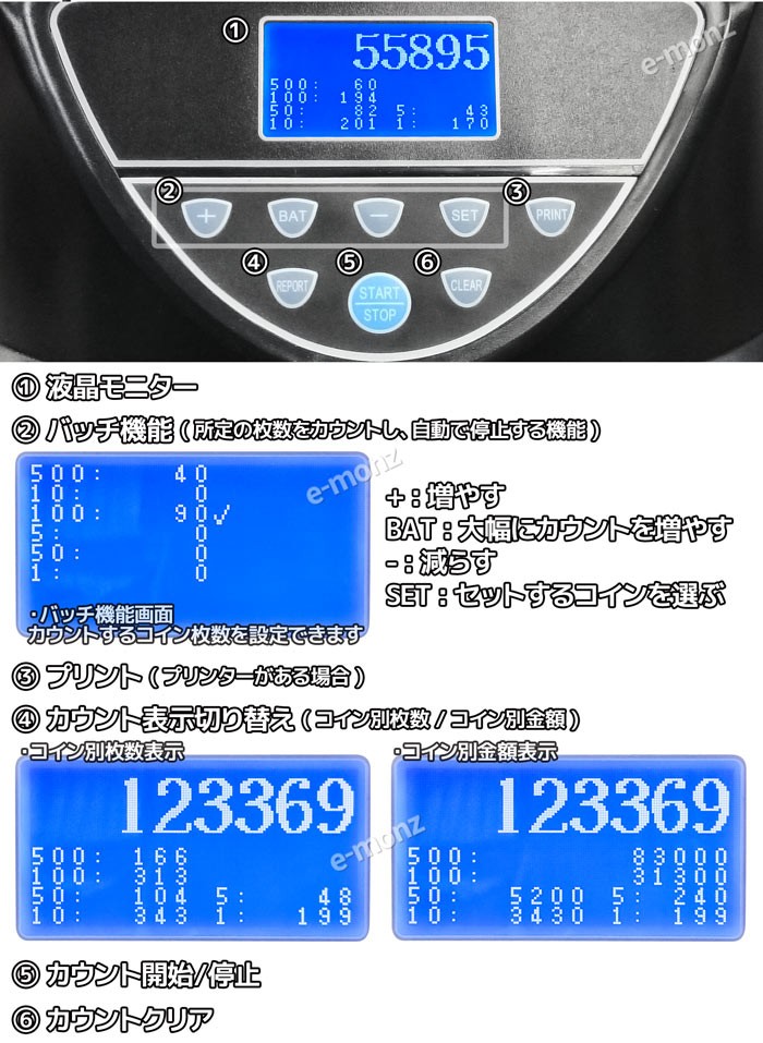 高速 コインカウンター 大型液晶モニター 大容量 バッチ機能 電動 硬貨