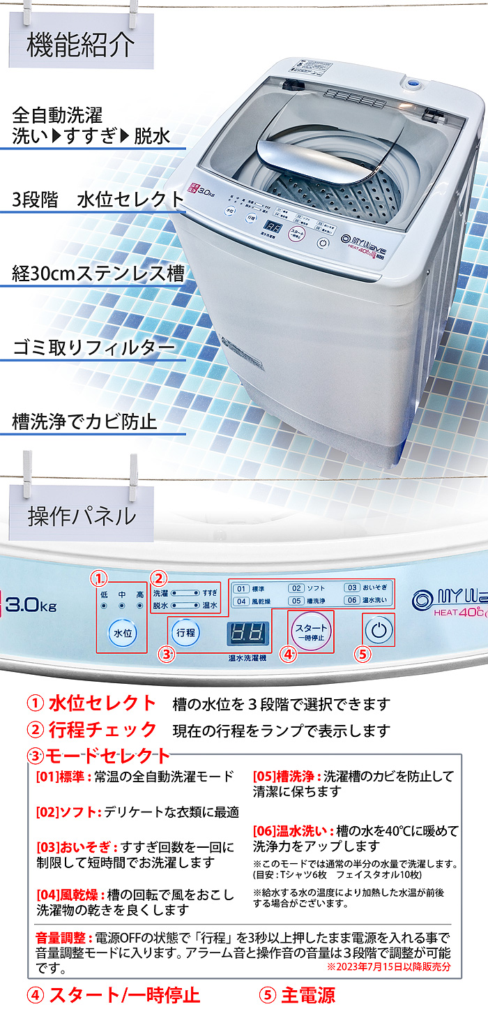 小型洗濯機 全自動 3kg 温水洗浄 風乾燥 プログラム洗濯 槽洗浄 静音