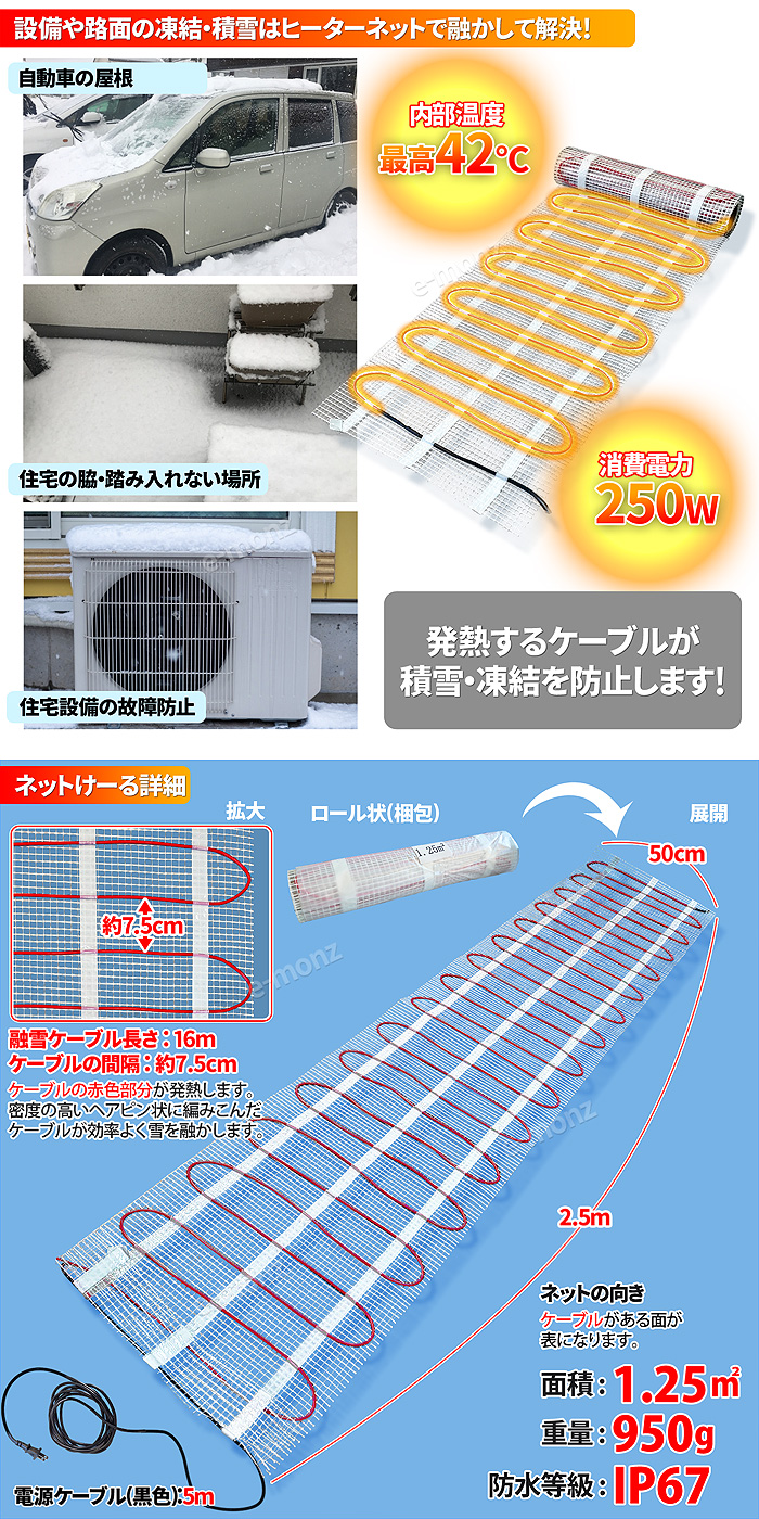融雪ネット 【 ネットけーる 】 50cmx2.5m ネットタイプ 250W/100V 車