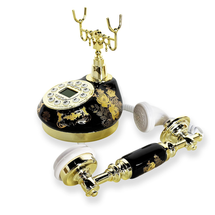 電源不要 固定電話機【セラミック アンティーク型】ブラック 電話機
