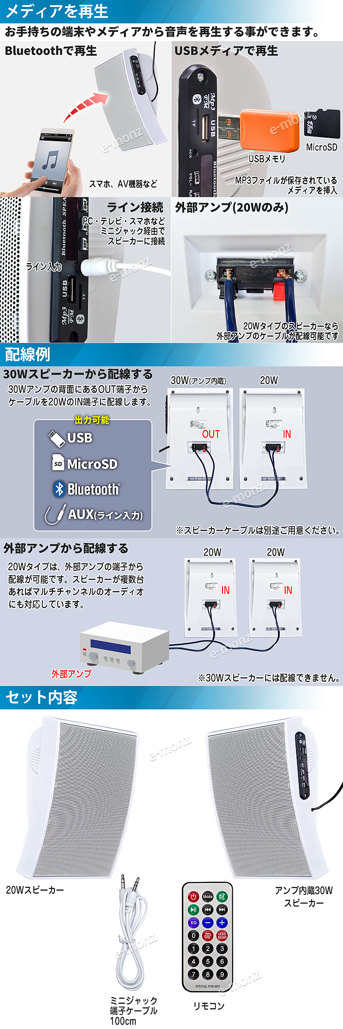 壁掛け アクティブ スピーカー 】アンプ搭載 合計50W L+Rセット 曲面