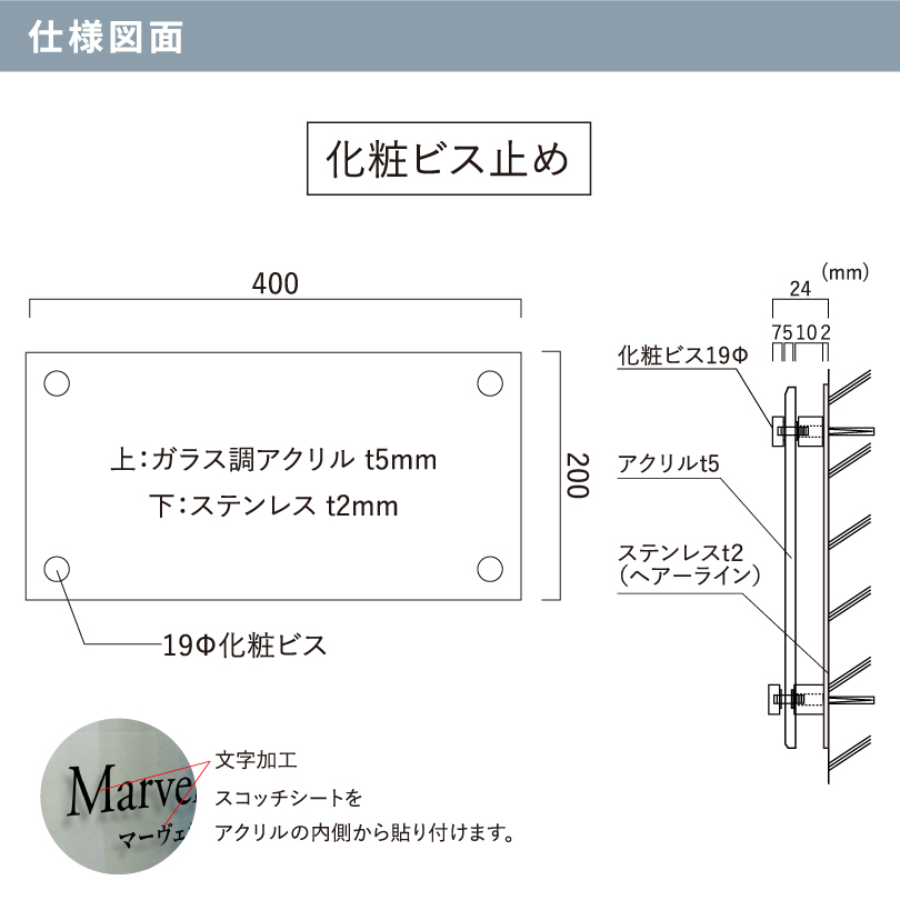 ステンレス×ガラス調アクリル プレート 化粧ビス止め H200×W400mm 屋外