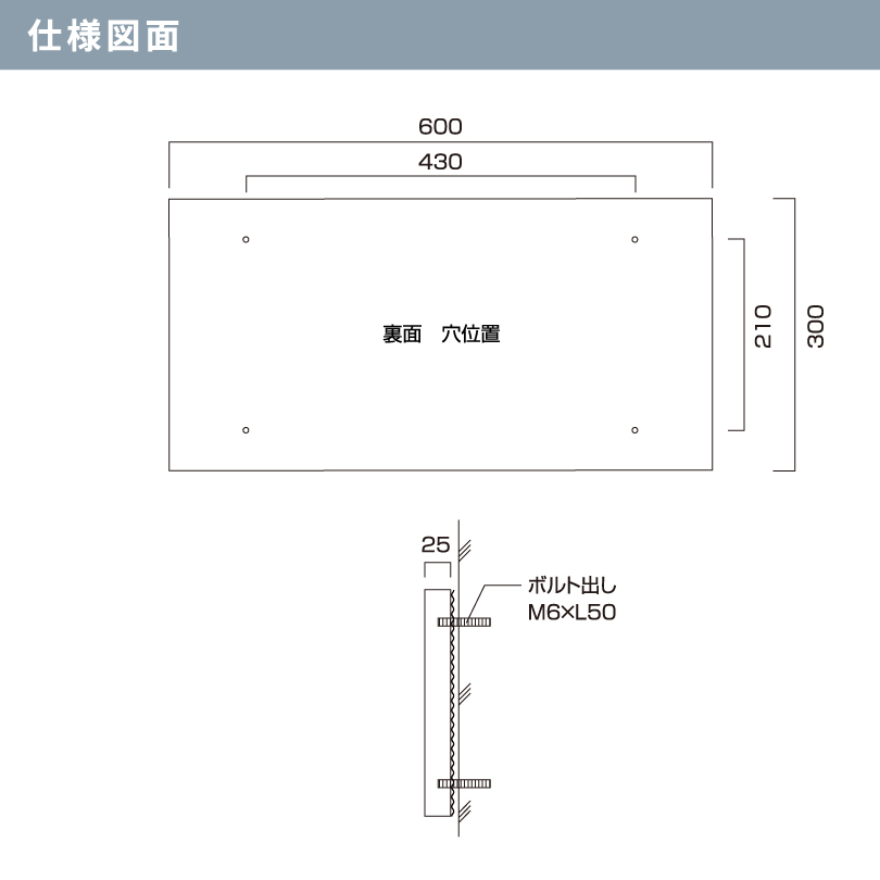黒御影石銘板 ボルト出し H300×W600×D25mm 長方形 文字彫りこみ 屋外用