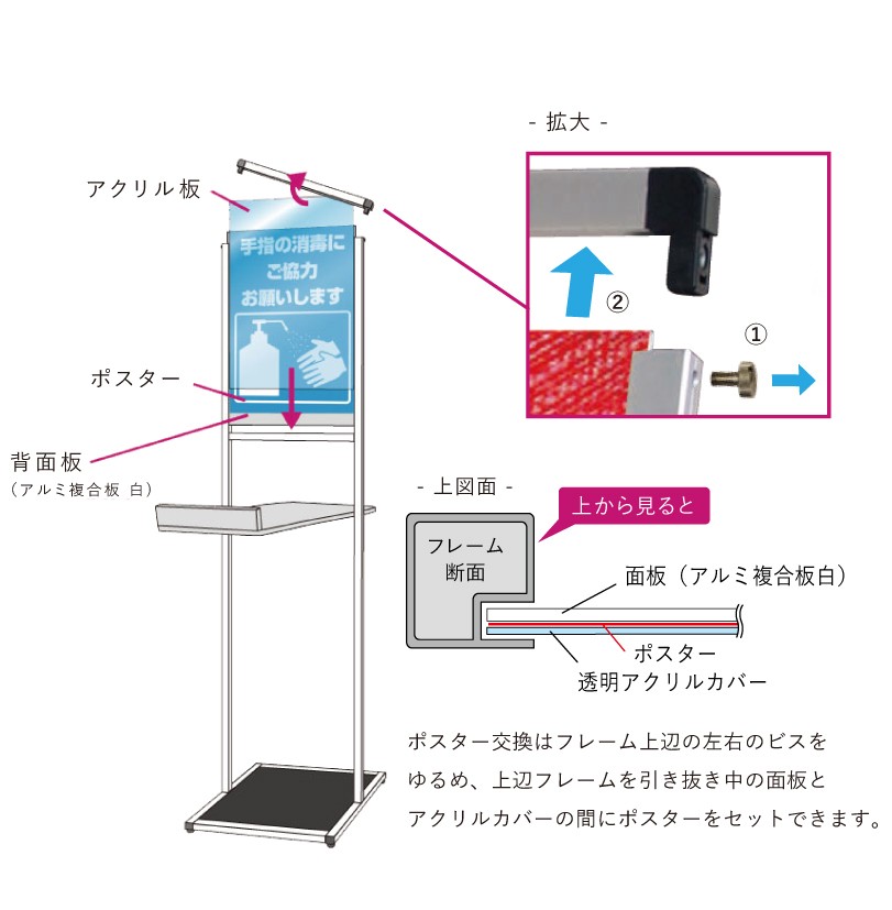 転倒防止重り付き】L型テーブル付き 消毒液サインスタンド アルコール