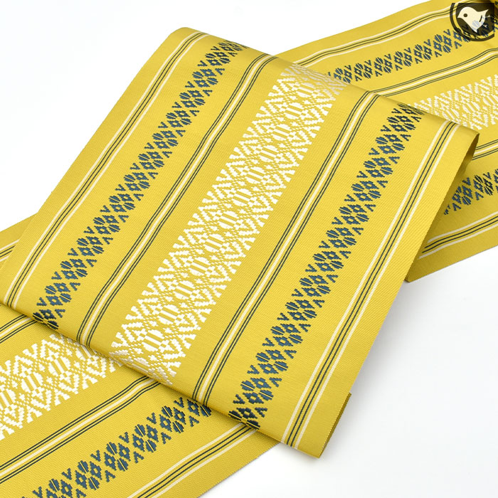 博多織 名門 森博多 二口古代 三献上 金印 八寸 名古屋帯 正絹 日本製 黄