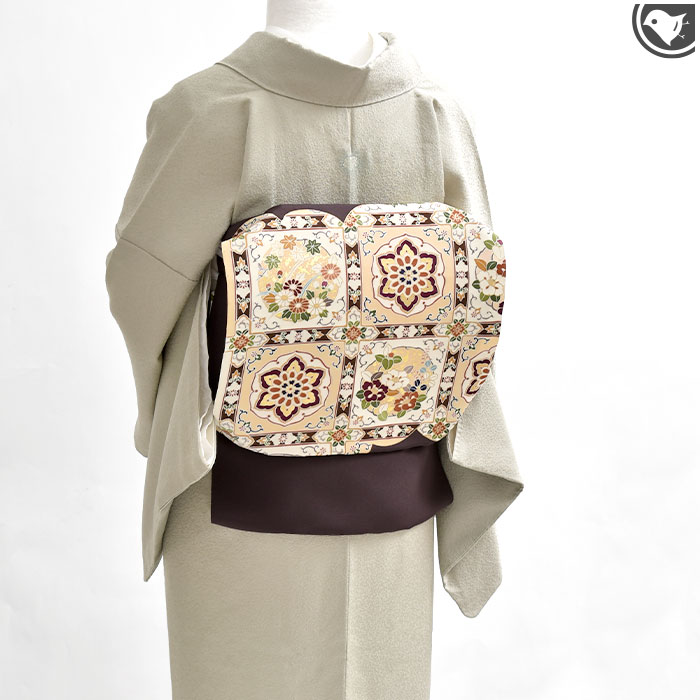 塩瀬帯 京都老舗染屋 謹製 格天井文 本加工友禅染め 九寸 名古屋帯