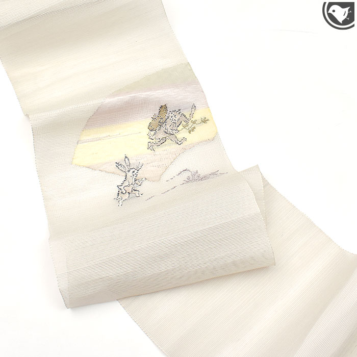 美品　単名古屋帯　花鳥柄 単衣/夏 京都 名門 都 謹製 手織 櫛織 “鳥獣戯画”八寸 名古屋帯