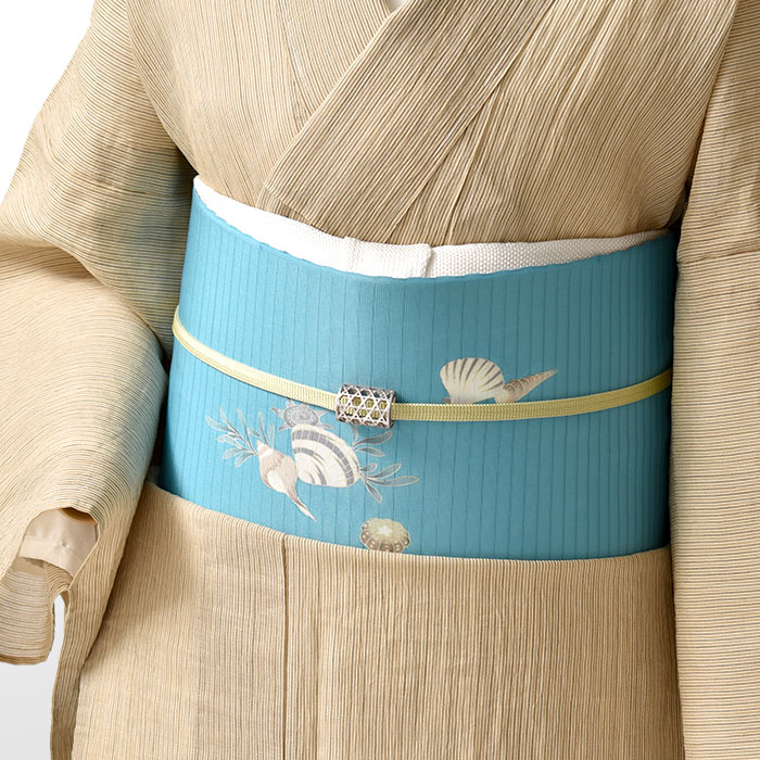 単衣/夏帯 絽塩瀬 (別注染め)十日町友禅 秀美 謹製 貝殻 九寸 名古屋帯
