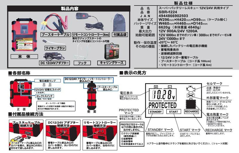 SFJ スーパーバッテリーレスキュー ジャンプスターター：SBR-1224(12V