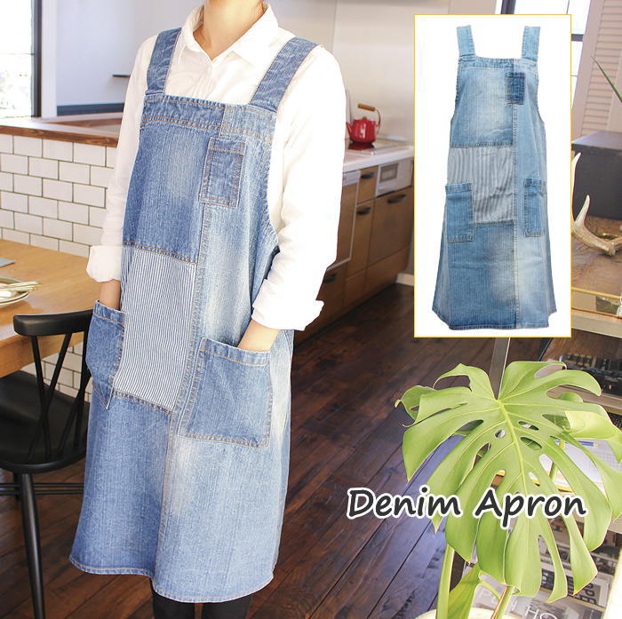 パッチワークデニムプルオーバーエプロン エプロン おしゃれ h型