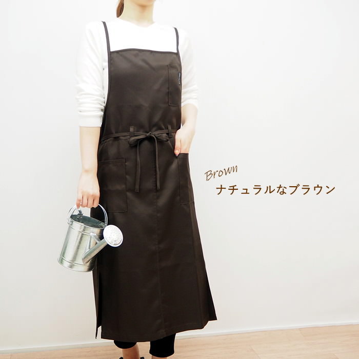 ロングラップエプロンブラウン おしゃれ レディース スタッフ カフェ