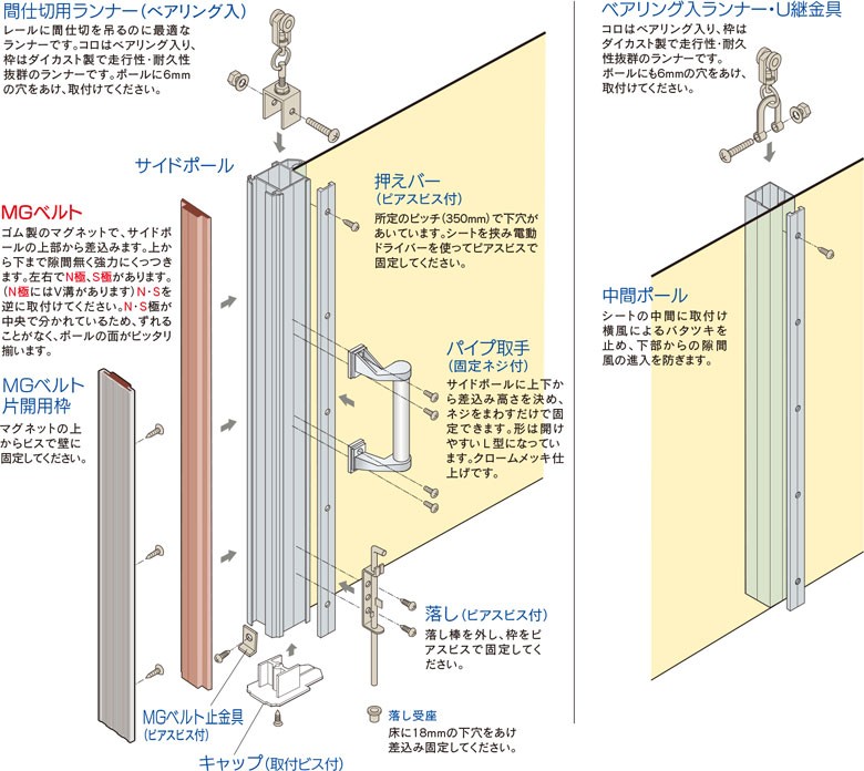 間仕切ポール【押えバータイプ】組立図