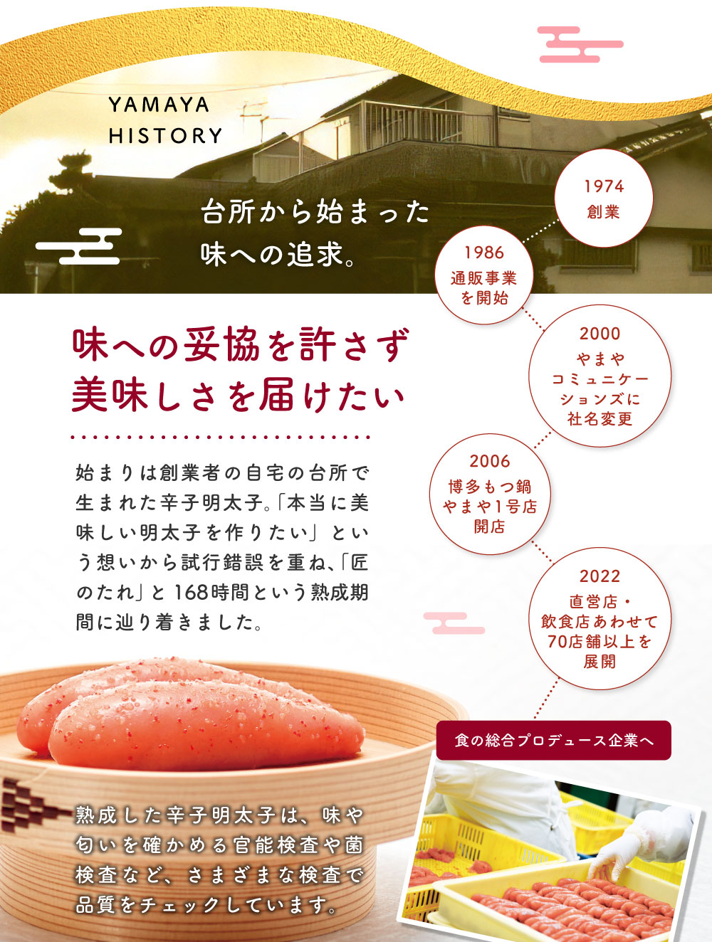 味への妥協を許さず美味しさを届けたい 始まりは創業者の自宅の台所で生まれた辛子明太子。「本当に美味しい明太子を作りたい」という想いから試行錯誤を重ね、「匠のたれ」と168時間という熟成期間に辿り着きました。 熟成した辛子明太子は、味や匂いを確かめる官能検査や菌検査など、さまざまな検査で品質をチェックしています。