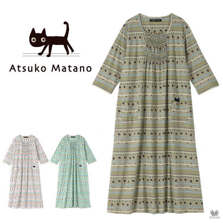 マタノアツコ ルームウェア ワンピース パジャマ 猫 レディース 綿100% かぶり 7分袖 いちごフリル ATSUKO MATANO ML