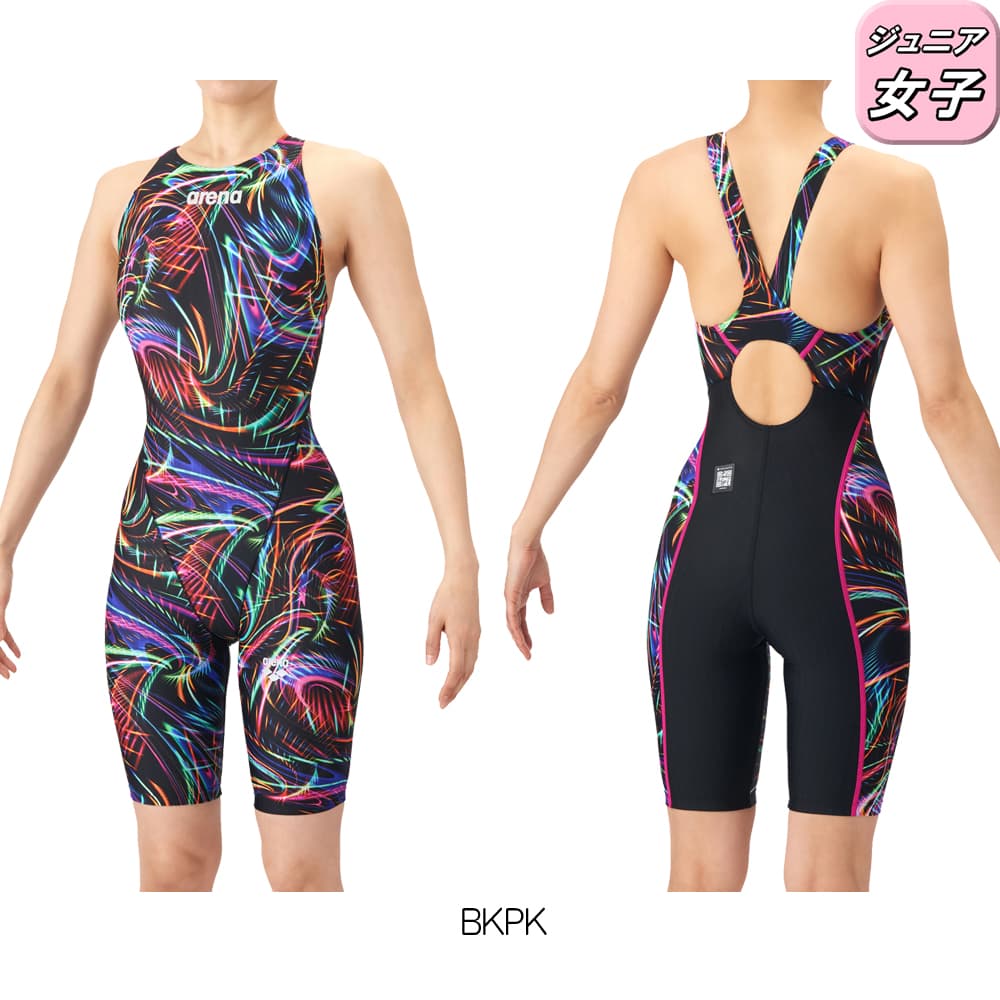 アリーナ ARENA 競泳水着 ジュニア女子 WA承認 AQUA RACING ECO AQUA STRIPE-D レーシングワンピーススパッツ オープンバック ハーフレッグ AS6SRC76G | アリーナ | 01