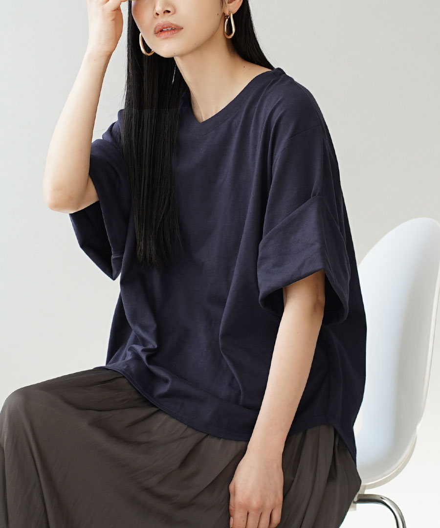 カットソー レディース トップス Tシャツ 二の腕カバー 半袖 Vネック 春 夏 zootie ズーティー URBAN PLUS ロールアップスリーブ ビッグTシャツ｜e-zakkamania｜14