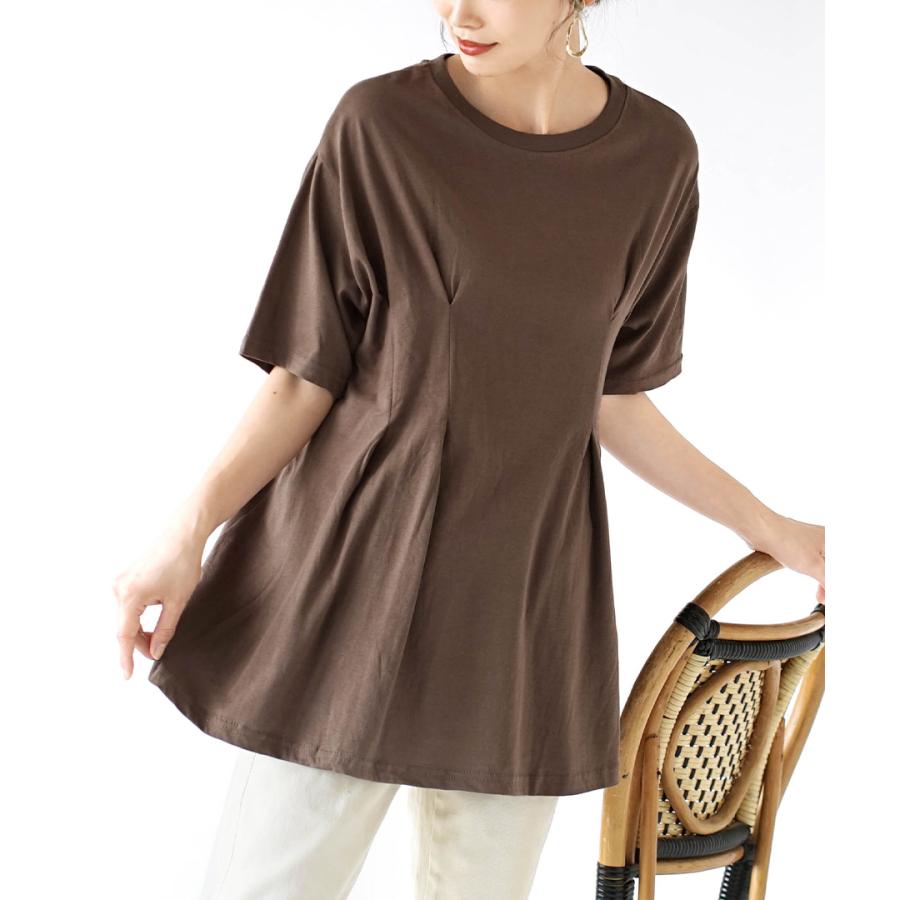 カットソー レディース 夏 夏服 トップス Tシャツ プルオーバー チュニック ロング丈 半袖 クルーネック 綿100% フレアタック デザインプルオーバー :32489-2200121:イーザッカマニアストアーズ 通販 パックフリルデザインが可愛いカットソーレアチュニック