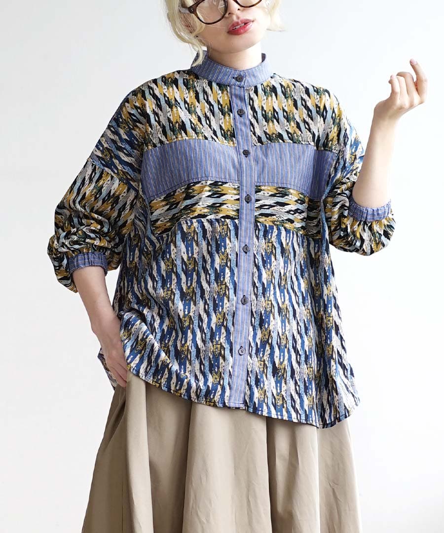 ブラウス シャツ レディース ブラウス トップス 長袖 ボリューム袖 柄シャツ 大きいサイズ ゆったり 体型カバー 春 夏 スタンドカラー パッチワークシャツ｜e-zakkamania｜02