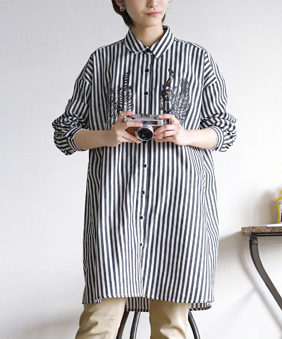 チュニック 春 春服 レディース トップス シャツ ブラウス ワンピース シャツワンピ 長袖 ストライプ zootie ズーティー  STRIPE×CATS シャツチュニック