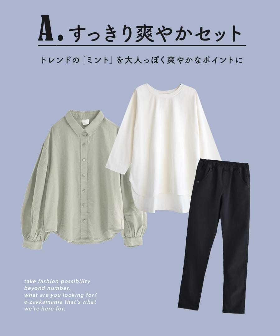パンツ コーディネートセット 長袖 長ズボン パンツ 今ドキ シャツアレンジコーデセット 返品交換不可 イーザッカマニアストアー レディース トップス カットソー Tシャツ ブラウス シアーシャツ しみない
