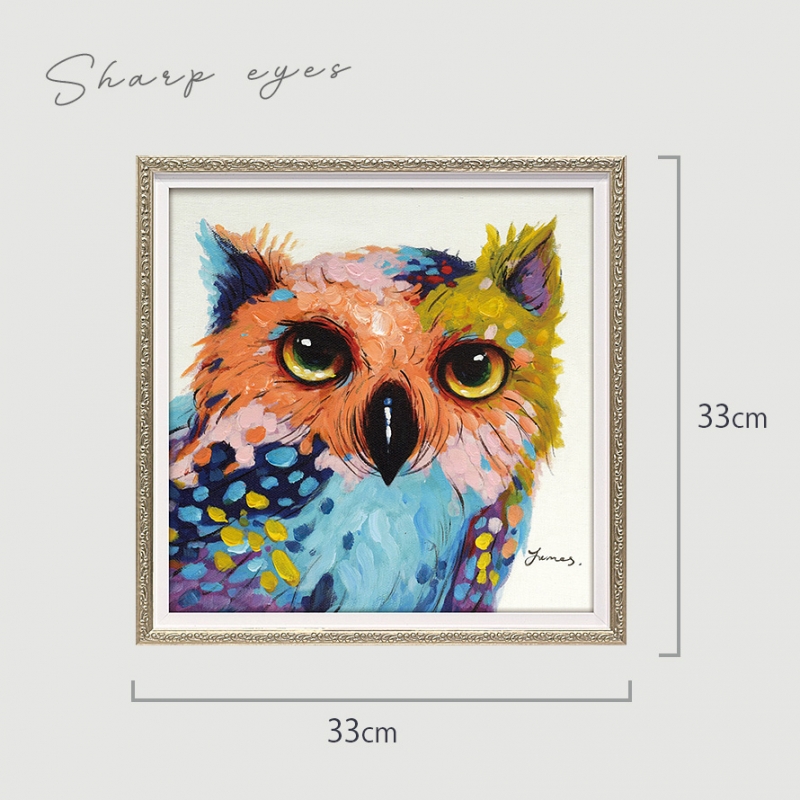フクロウ オイルペイント絵画 オイルペイント ハンドペイント 33X33cm シャープアイズ フクロウ
