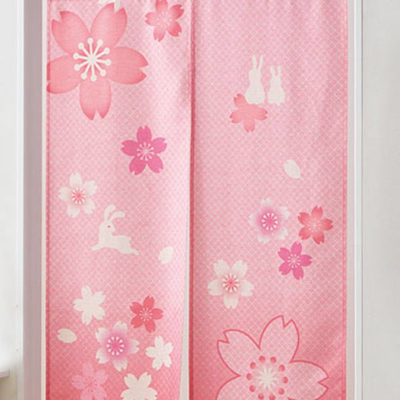 日本製　リネン100%のれん　カーテン　桜 のれん 和風 ロング 桜 ピンク 85×175cm 突っ張り棒 つっぱり棒