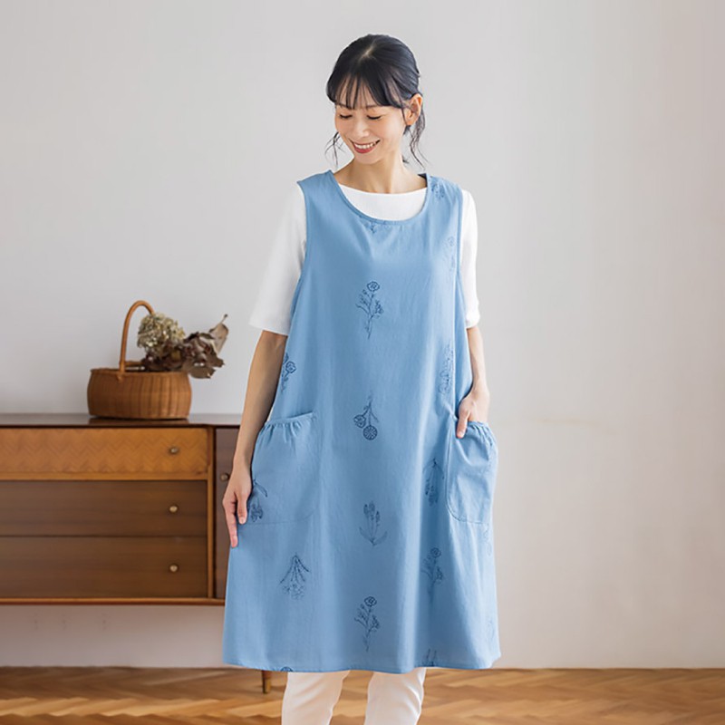 刺繍エプロン　バッグ　チュニック エプロン かぶるだけ 綿100％ aライン 体型カバー 刺繍 チュニック